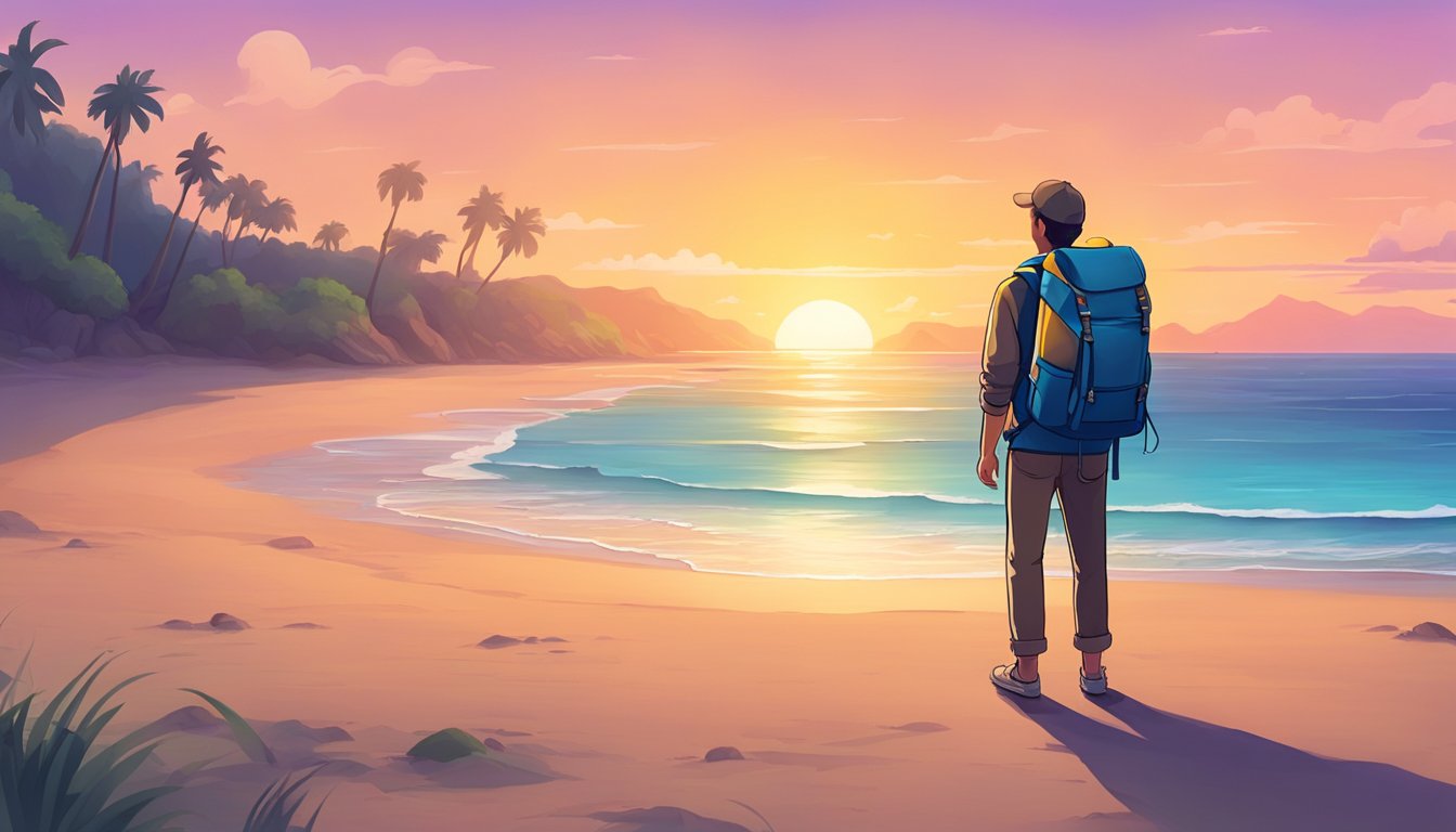 A lone figure explores a tranquil beach at sunset, with a colorful backpack and map in hand. The ocean stretches out before them, inviting adventure