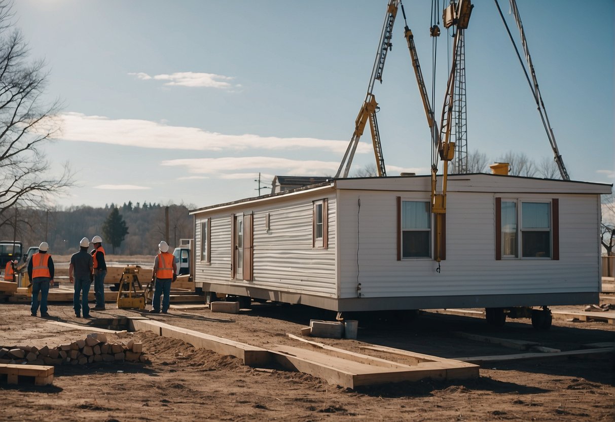 A mobile home sits on a permanent foundation, while a crane and workers prepare to move it