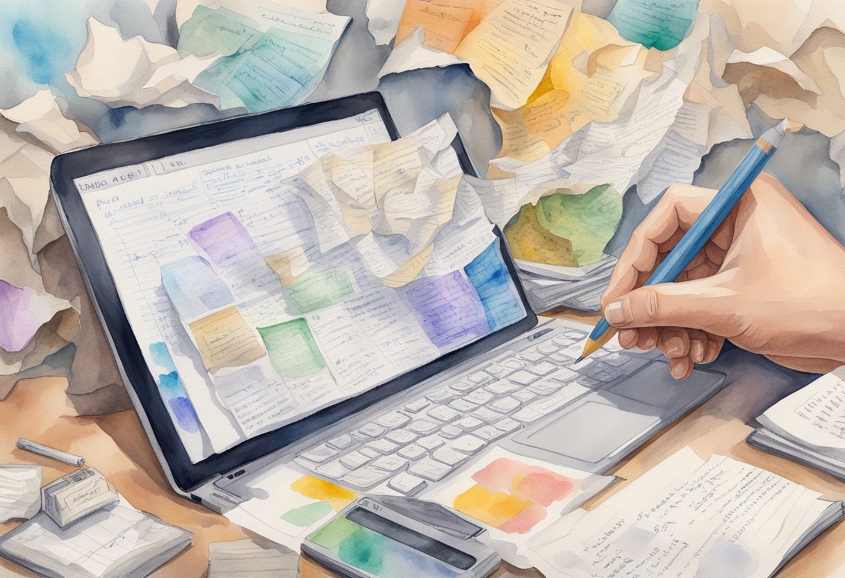 A hand holding a pencil, surrounded by crumpled paper and brainstorming notes, with a computer screen displaying various potential article titles