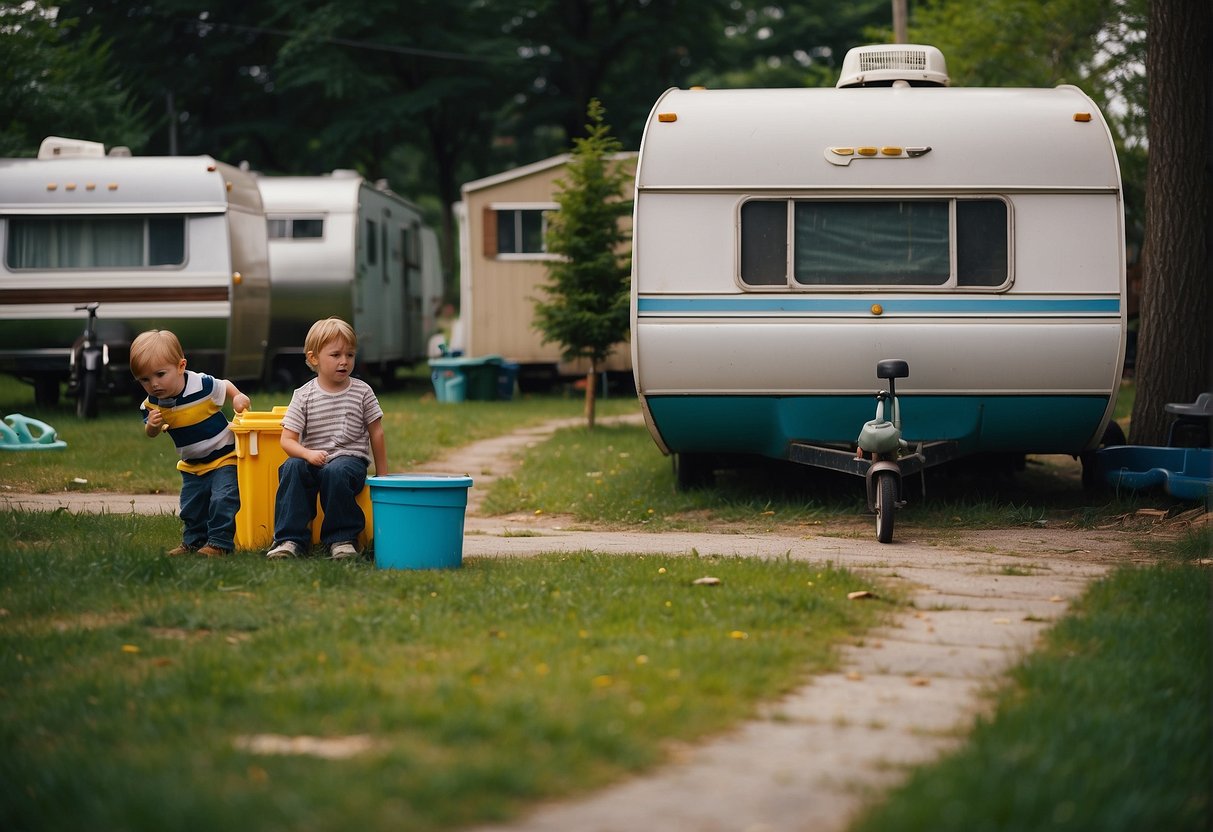 The trailer park is a mix of tidy homes and unkempt yards, with children playing and adults socializing outside. The sense of community is strong, but the lack of privacy and limited space are evident