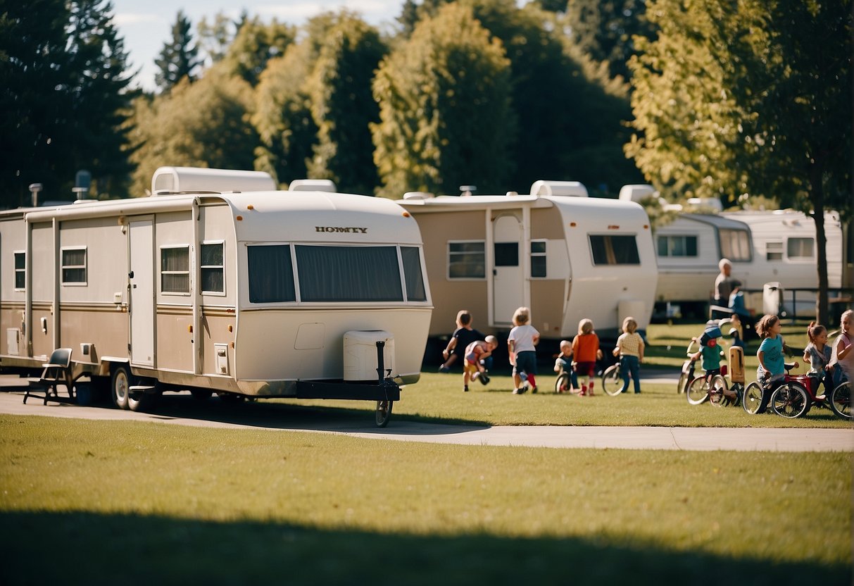 A trailer park with neat rows of mobile homes, children playing in the communal playground, and residents socializing outside their homes