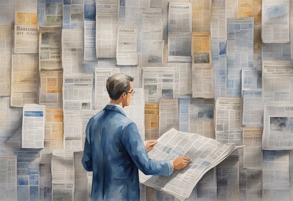 A scientist studies a wall of newspaper headlines, analyzing their structure and impact