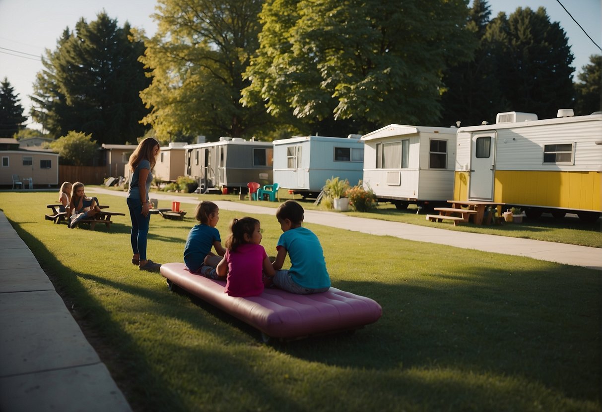 A trailer park with neatly aligned homes, some with colorful gardens and others with makeshift repairs. Children playing in the communal area while adults chat outside their homes