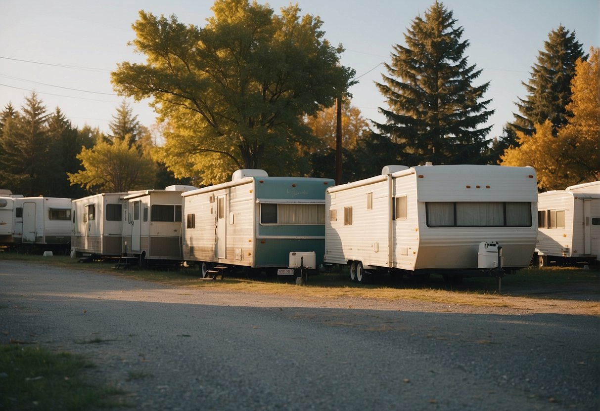 A trailer park with diverse homes, some well-maintained while others show signs of neglect. Community amenities like playgrounds and picnic areas are present, but the close proximity of trailers may create a sense of cramped living conditions