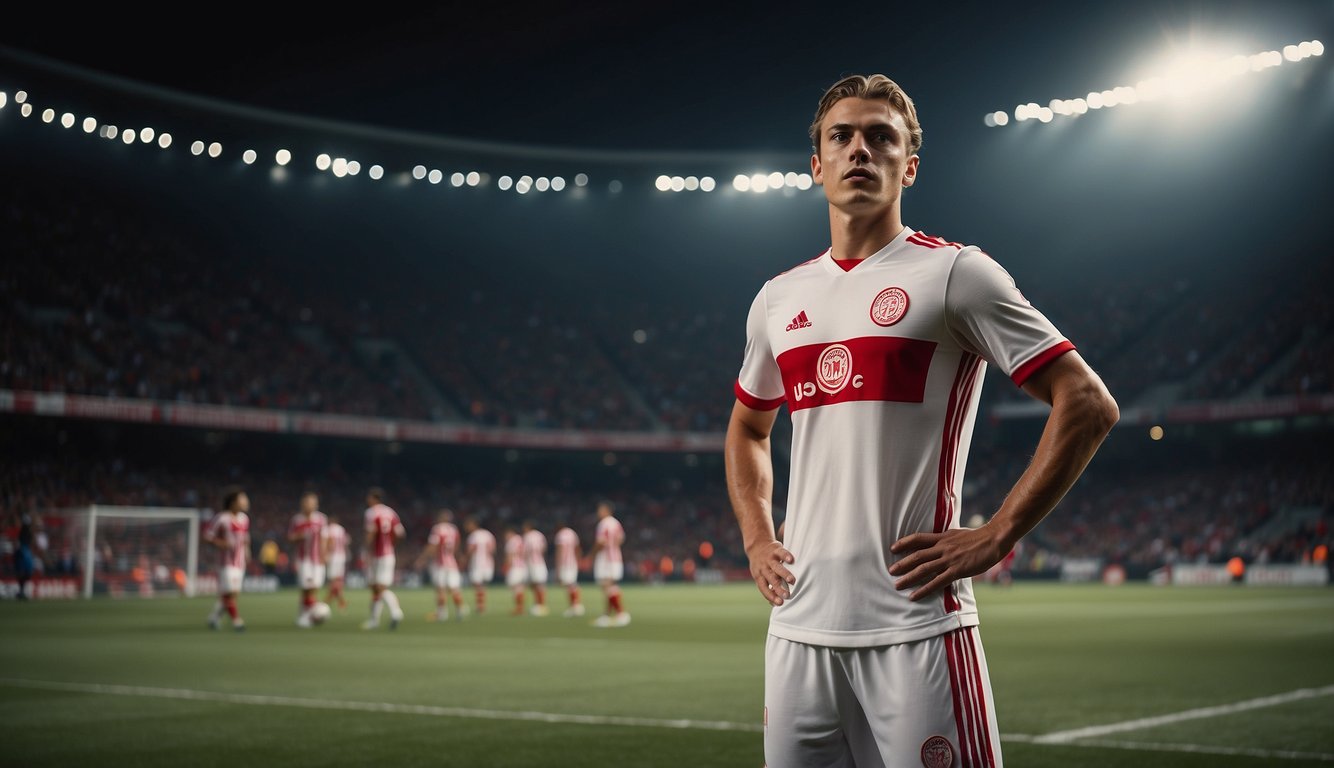 A soccer player in a Jong Ajax uniform stands confidently on the field, with the team logo visible. The stadium is packed with cheering fans, creating an electrifying atmosphere