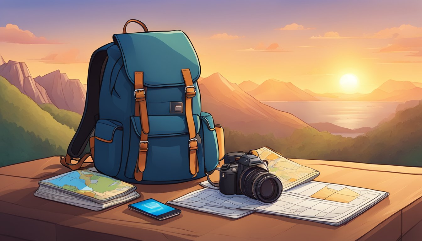 A backpack sits on the ground, surrounded by a map, camera, and journal. A passport and boarding pass peek out from the side pocket. The sun sets in the distance, casting a warm glow over the scene