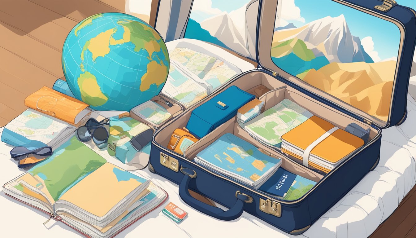 A suitcase sits open on a bed, filled with travel essentials. A map, passport, and guidebook are scattered nearby. The window shows a bright, sunny day, inviting adventure