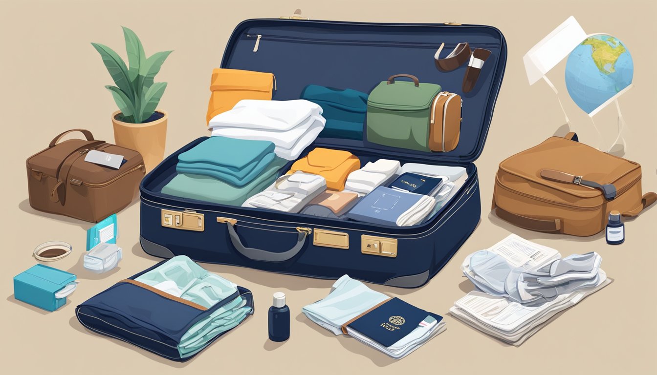 A suitcase open on a bed, filled with neatly folded clothes, toiletries, and a travel guide. A passport and tickets lay nearby, ready to be packed