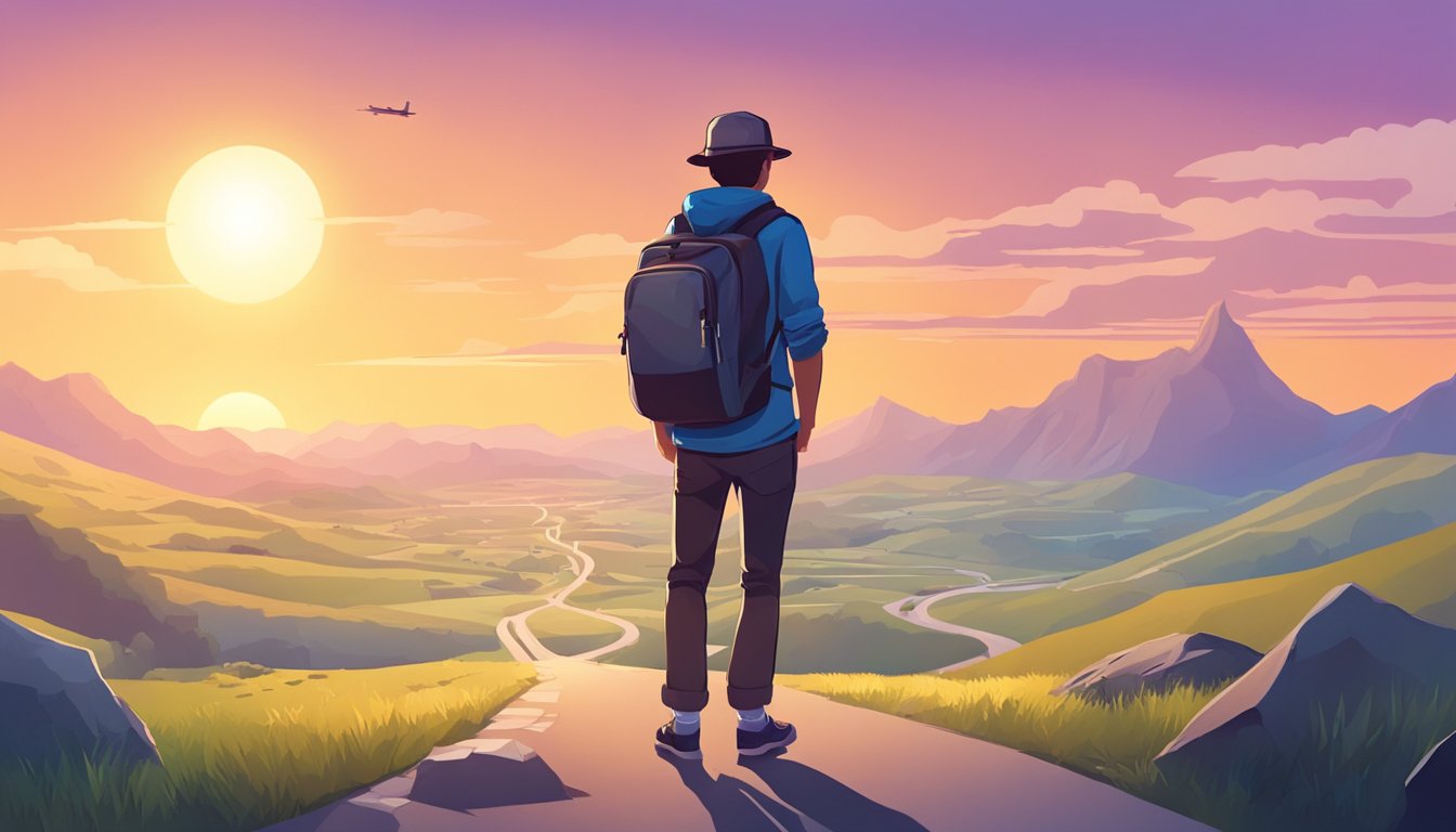A traveler stands at a crossroads, map in hand, surrounded by unfamiliar sights. The sun sets in the distance, casting long shadows on the path ahead