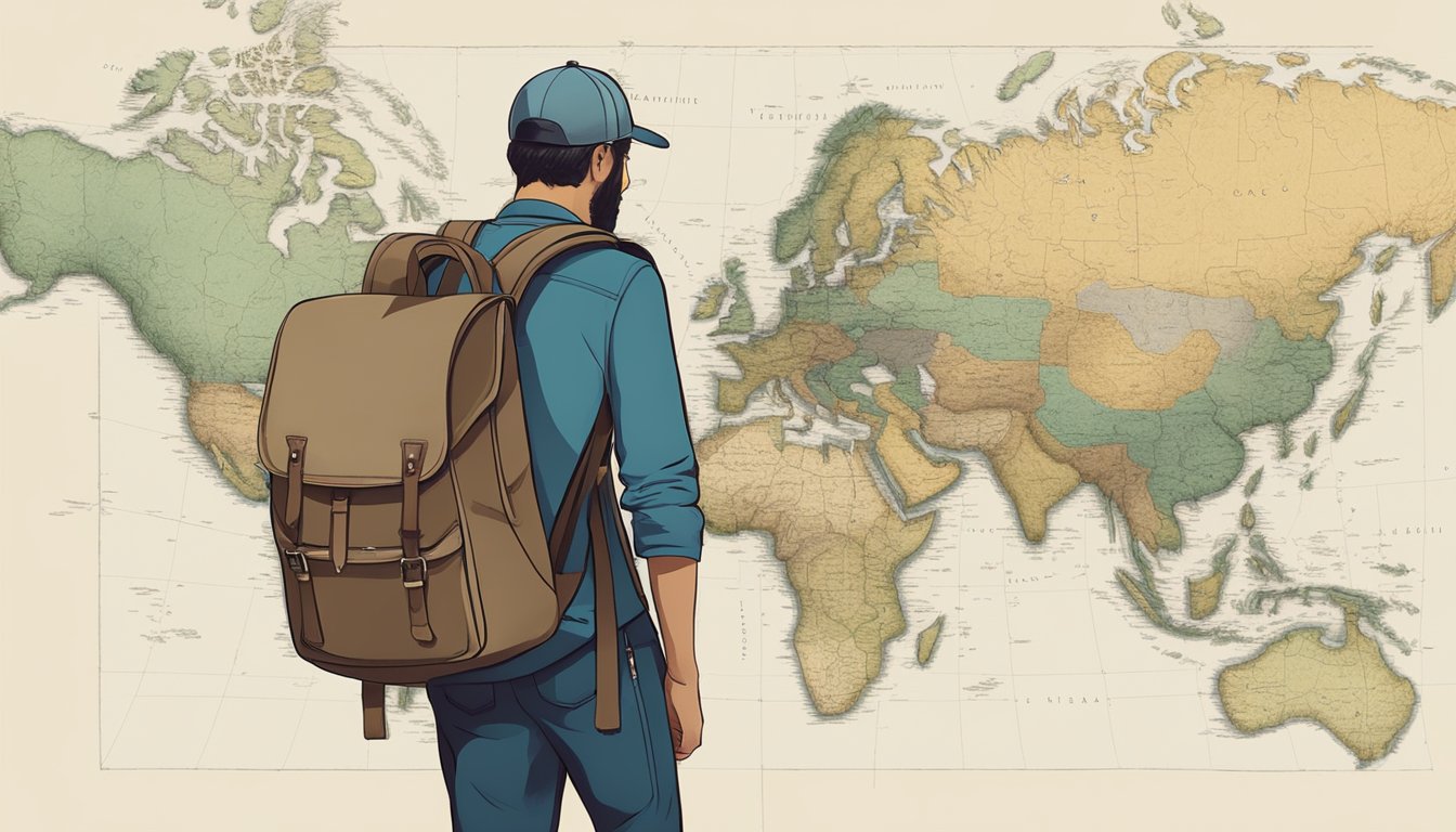 A lone traveler walks confidently with a map in hand, while keeping a watchful eye on their surroundings. They carry a secure backpack and wear comfortable yet practical clothing for their journey