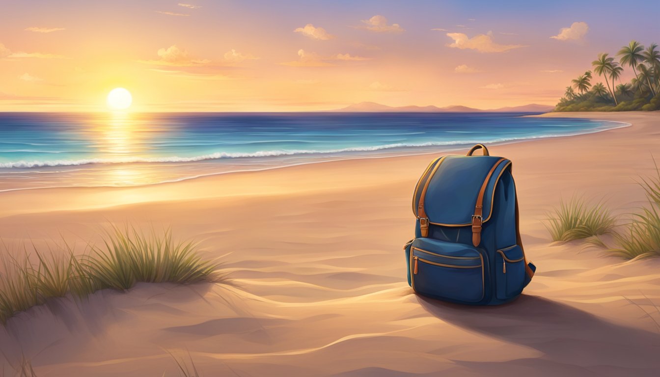 A lone backpack rests on a deserted beach, facing an endless ocean. The sun sets in the distance, casting a warm glow over the tranquil scene