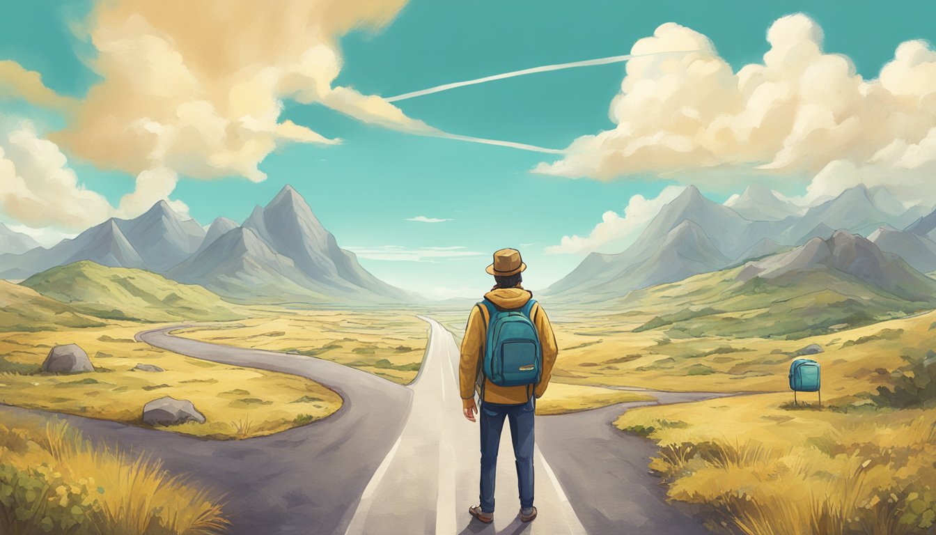 A lone traveler stands at a crossroads, map in hand, contemplating their first solo journey. The world awaits, full of excitement and uncertainty