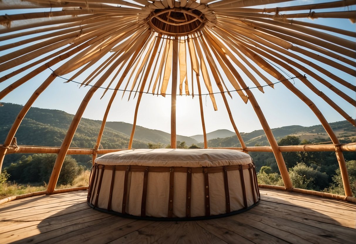 A sturdy, conical yurt roof with wooden rafters and a weather-resistant covering, set against a backdrop of rolling hills and clear blue skies