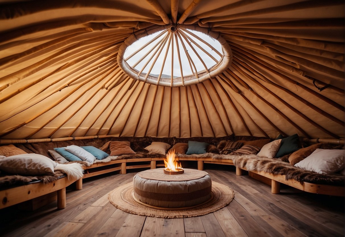 A circular yurt with a conical roof, supported by wooden poles and covered with layers of felt or canvas, creating a cozy and sturdy shelter