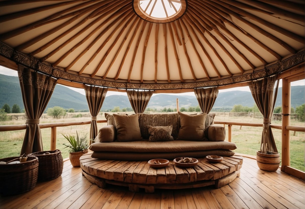 A yurt with a sturdy, weather-resistant roof, supported by wooden beams, nestled in a serene natural setting