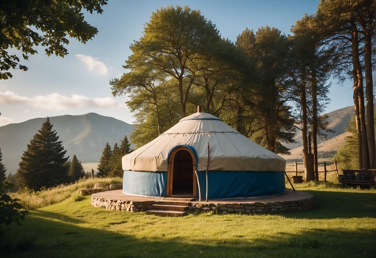 A yurt with a conical roof, set against a scenic backdrop, with clear blue skies and a lush green landscape