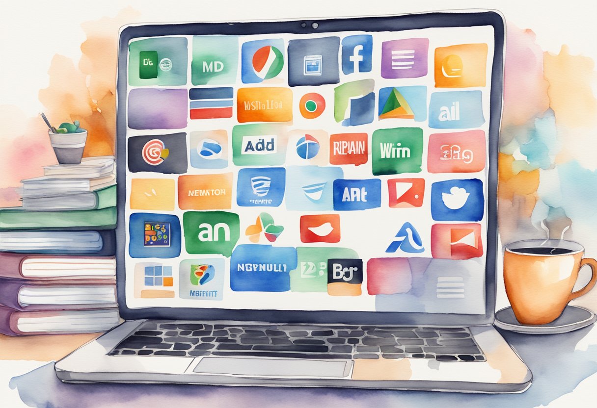 A laptop displaying various ad network logos, surrounded by a stack of blogging books and a cup of coffee on a desk