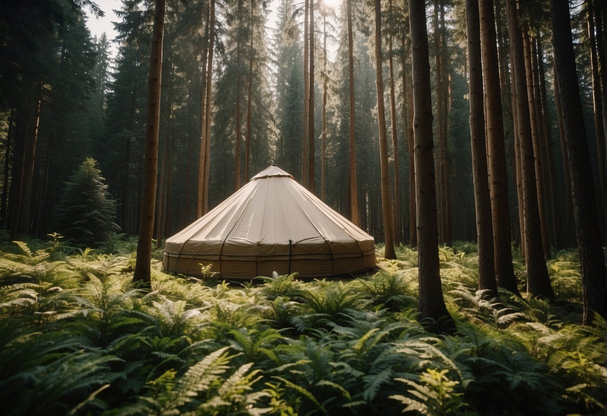 A lush forest with tall, straight trees, such as cedar or pine, providing ample material for building a traditional yurt structure