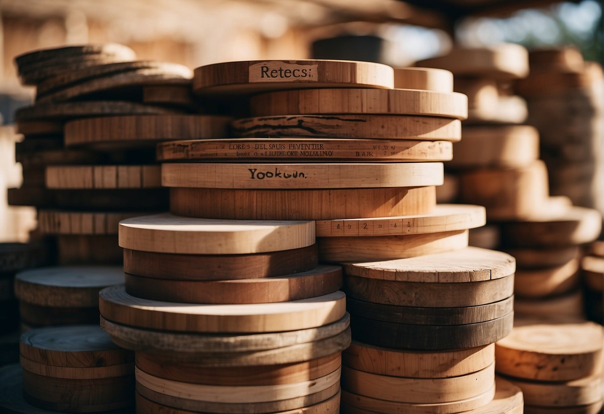 A stack of various wood types, labeled with their names, sits next to a yurt frame. Each piece is inspected carefully