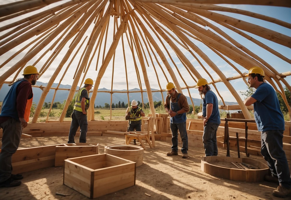 A group of workers construct a traditional yurt using sturdy, locally sourced wood. The circular structure takes shape under the open sky