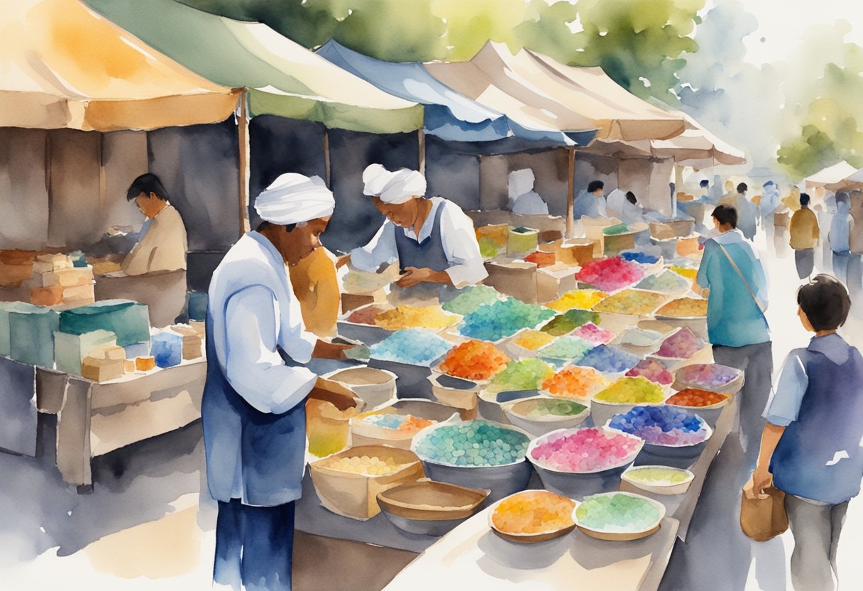 A person selling handmade crafts at a bustling market, attracting customers with unique and eye-catching products