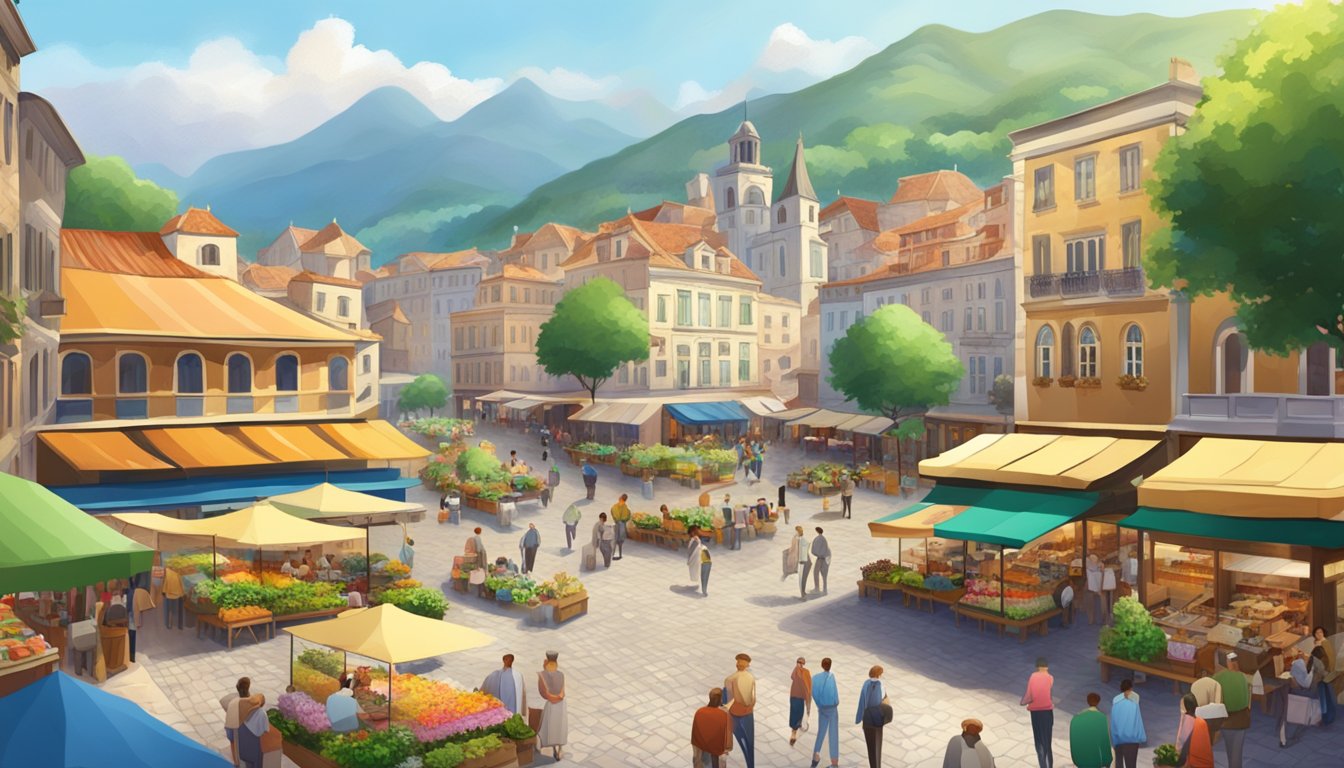 A bustling city square with colorful markets, bustling cafes, and historic architecture, surrounded by lush green mountains and a sparkling river