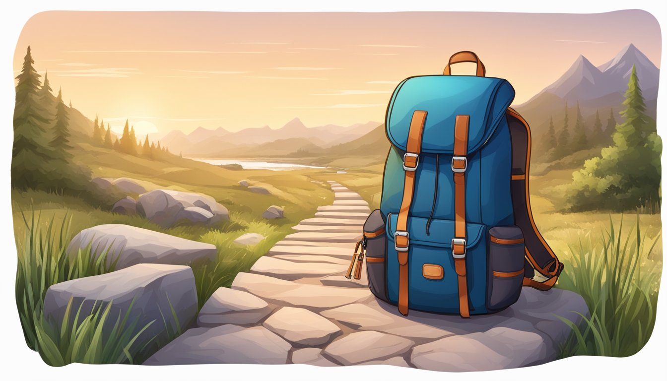 A traveler's backpack sits next to a well-lit and easily accessible path leading to a scenic destination. Safety signs and amenities are visible along the way
