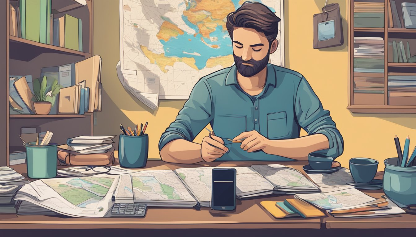 A traveler sits at a table with a map, notebook, and calculator, planning a solo journey. The room is filled with travel guides and brochures for different countries