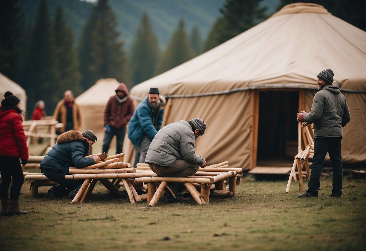 A group of nomads carefully selecting and gathering sturdy, weather-resistant materials like wood, felt, and canvas for constructing a traditional yurt