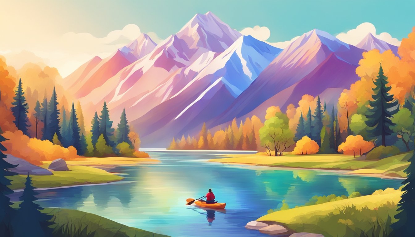 A colorful landscape with mountains, forests, and rivers. A person hiking, kayaking, and camping. A sense of adventure and freedom