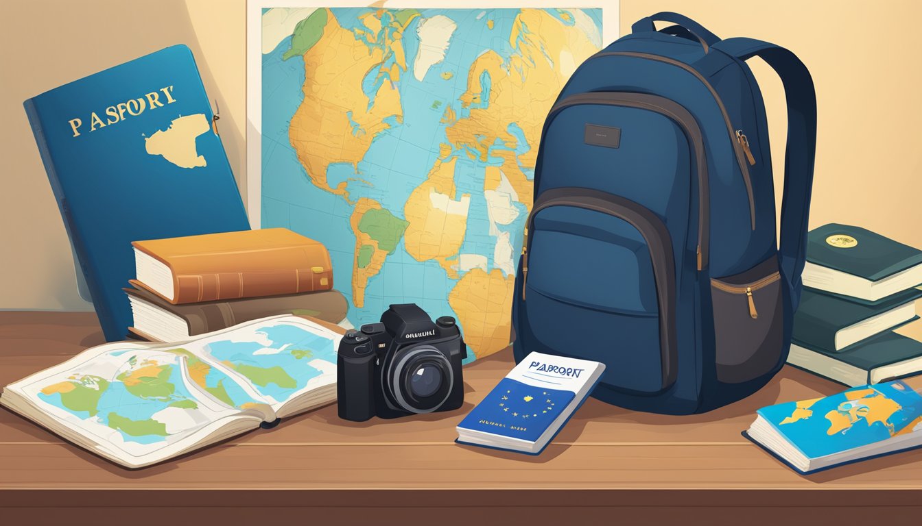 A backpack, passport, map, and camera lay on a table. A world globe sits nearby, surrounded by travel books
