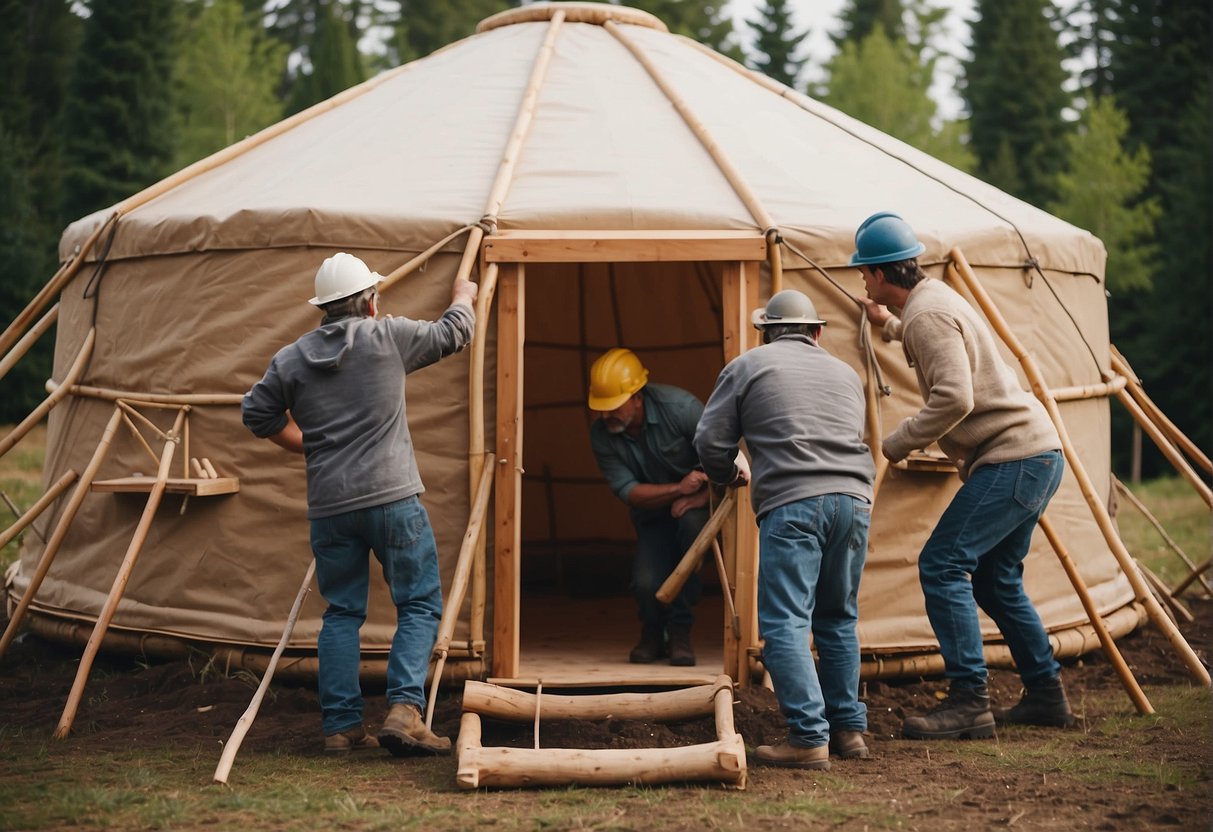 A group of workers assembling a traditional yurt using sturdy wooden poles and thick, weather-resistant canvas for the outer covering