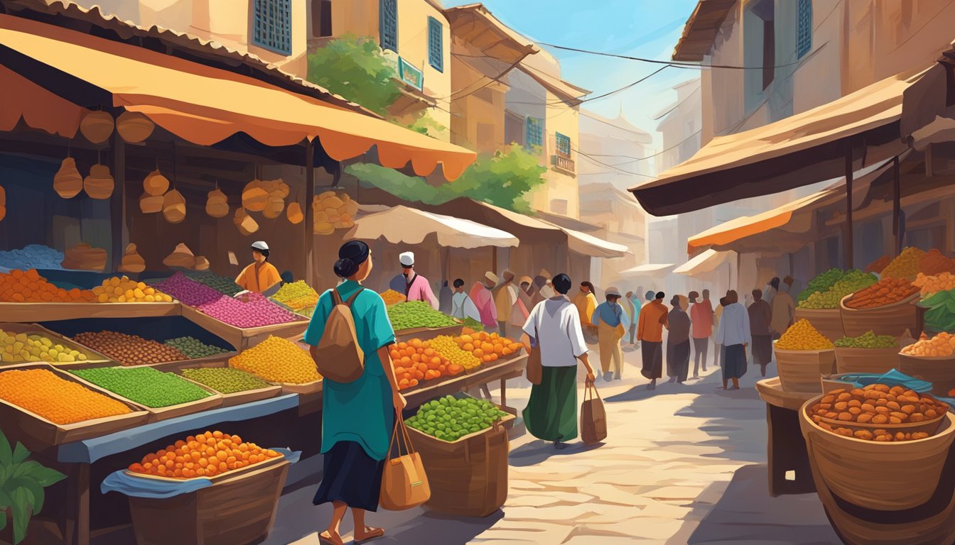 A lone traveler explores a bustling marketplace in a foreign country, sampling exotic foods and interacting with locals. The vibrant colors and diverse cultures create a sense of adventure and discovery