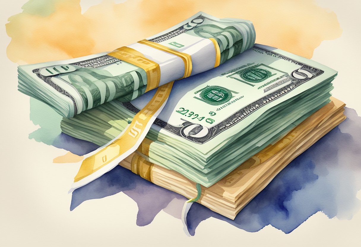 A stack of cash, a diploma, and a roadmap with dollar signs