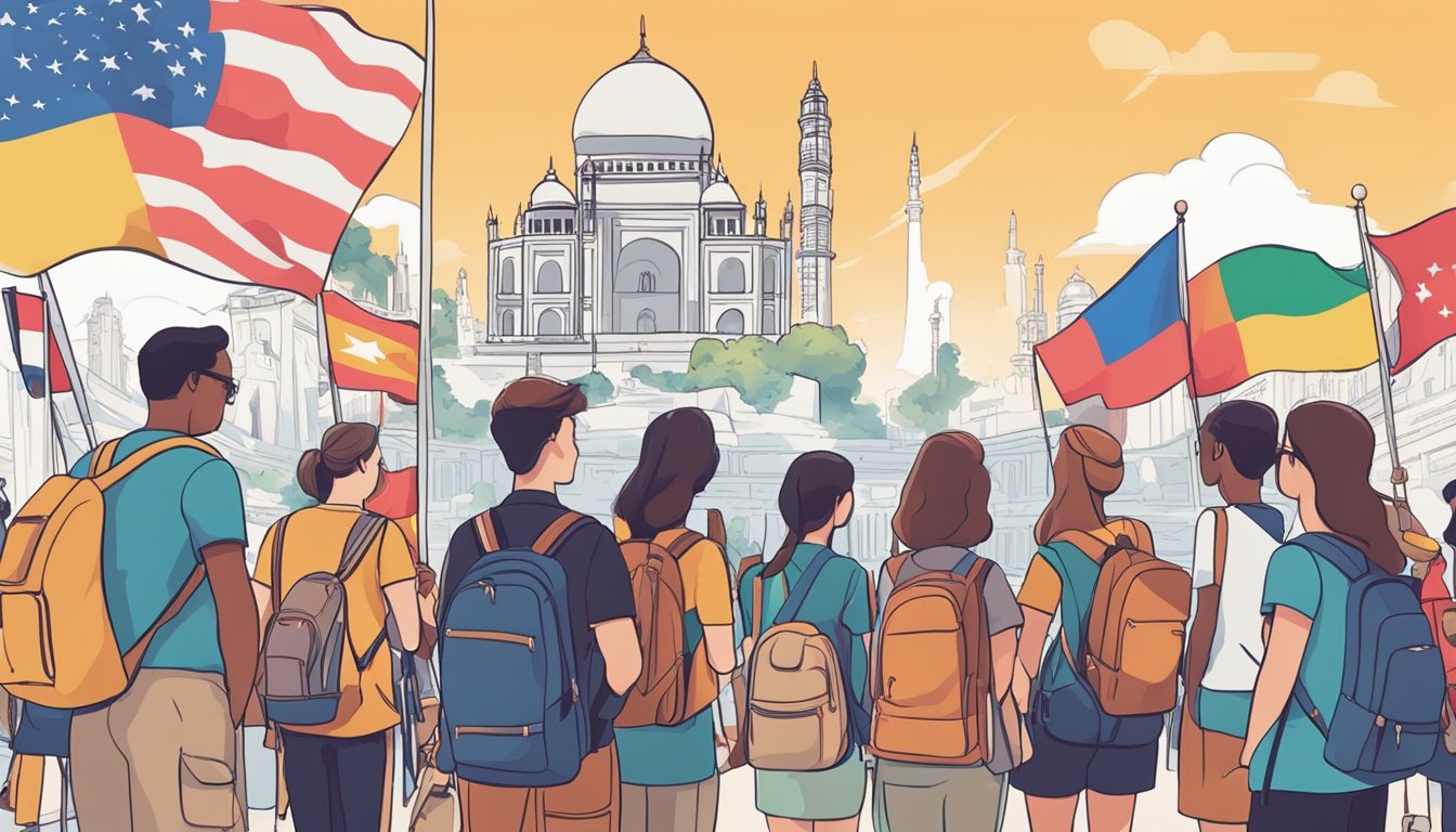 A diverse group of travelers gather in front of iconic landmarks, sharing stories and tips. Flags from various countries flutter in the background, symbolizing the best destinations for first-time solo travelers