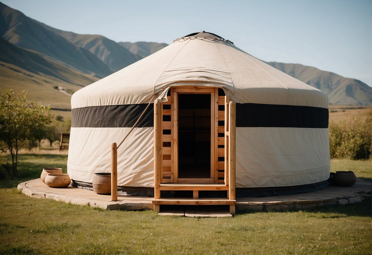 A yurt stands in a serene landscape, its sturdy wooden frame covered in durable canvas or felt, with a distinctive dome roof and a lattice wall