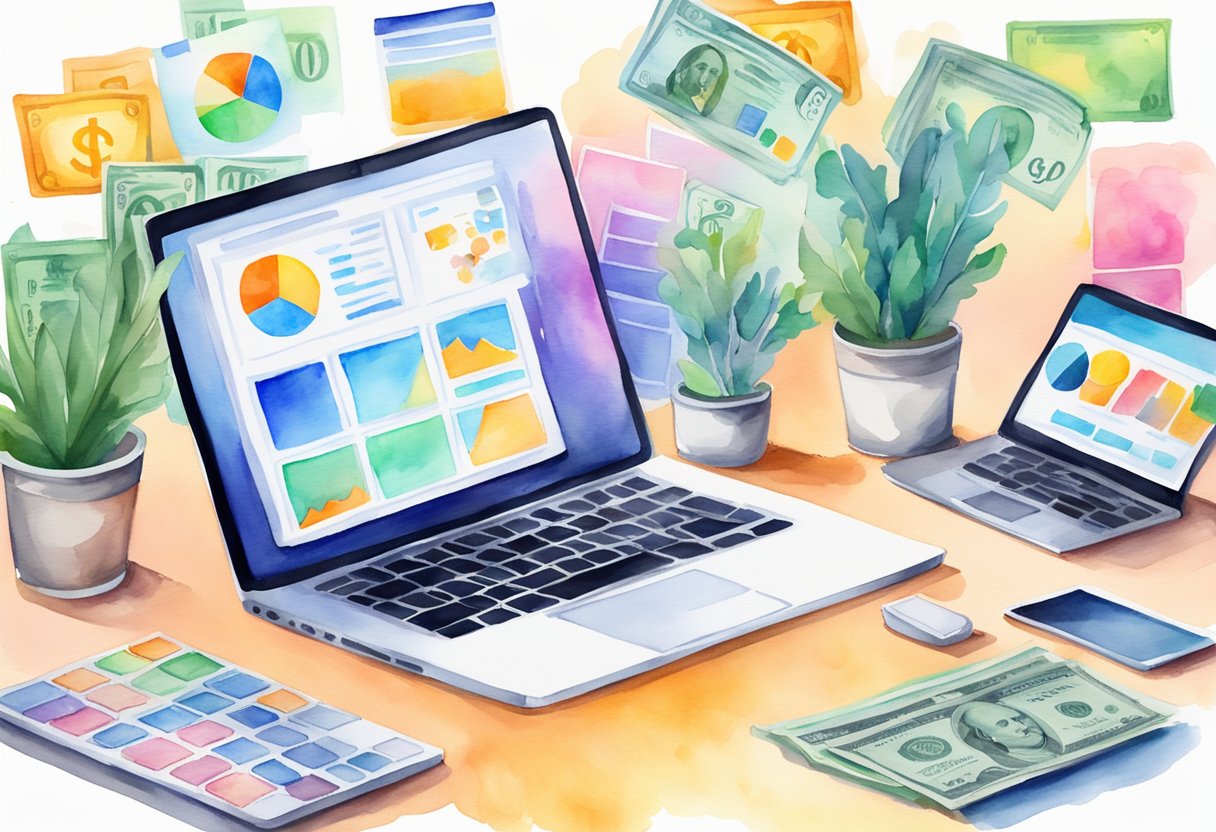 A laptop with various online money-making opportunities, including freelance work, e-commerce, and digital marketing. Screens display graphs and dollar signs