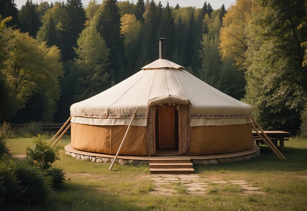 A yurt made of sturdy canvas stands in a serene, natural setting. The fabric is taut and weather-resistant, with a traditional circular shape and a pointed roof