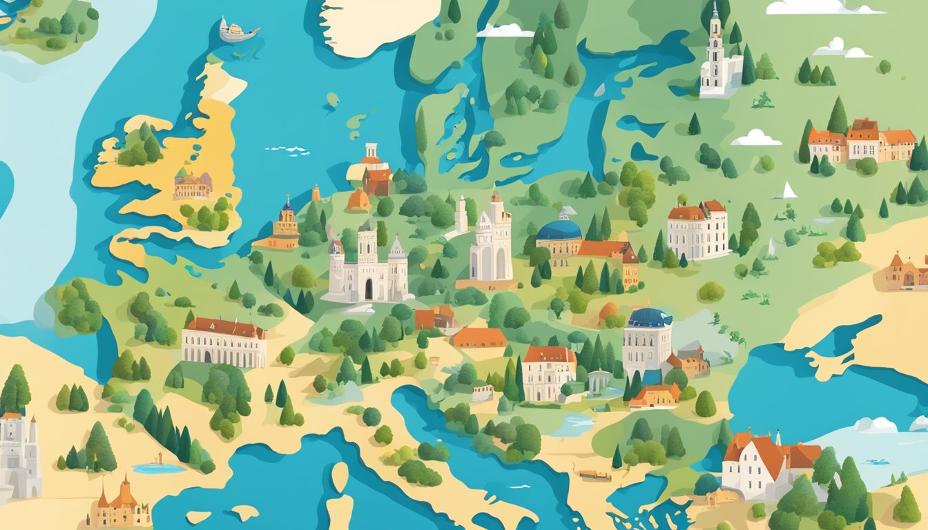 A map of Europe with iconic landmarks and natural landscapes, showcasing the best countries for first-time solo travelers