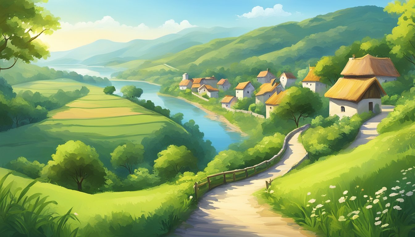A serene landscape with a winding path through lush greenery and a peaceful village in the distance. A clear blue sky and gentle sunshine create a welcoming atmosphere for solo travelers