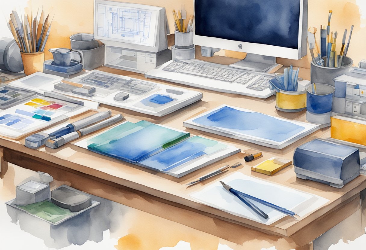 Various technical tools and equipment arranged neatly on a workbench, with blueprints and manuals spread out. A computer displaying CAD software for designing