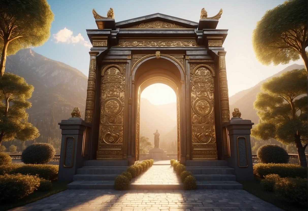 The majestic Gate of Olympus stands tall, adorned with intricate carvings and glowing with divine light