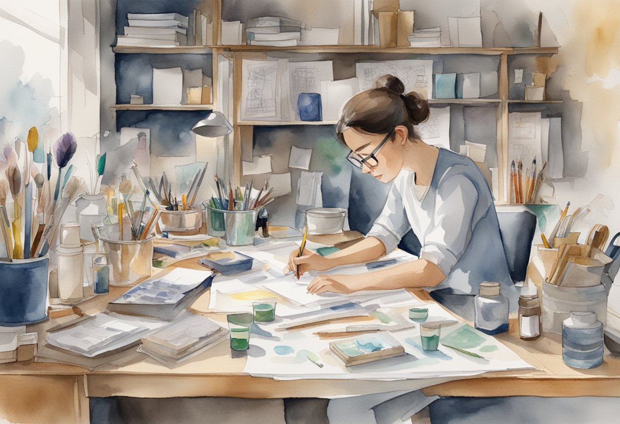A person creating art at a desk, surrounded by various tools and materials. The desk is cluttered with sketches and notes, reflecting a busy and creative work environment
