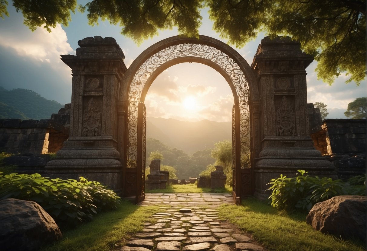 A majestic gate with intricate designs stands tall against a backdrop of ancient ruins and lush greenery. The sunlight filters through the clouds, casting a warm glow on the scene