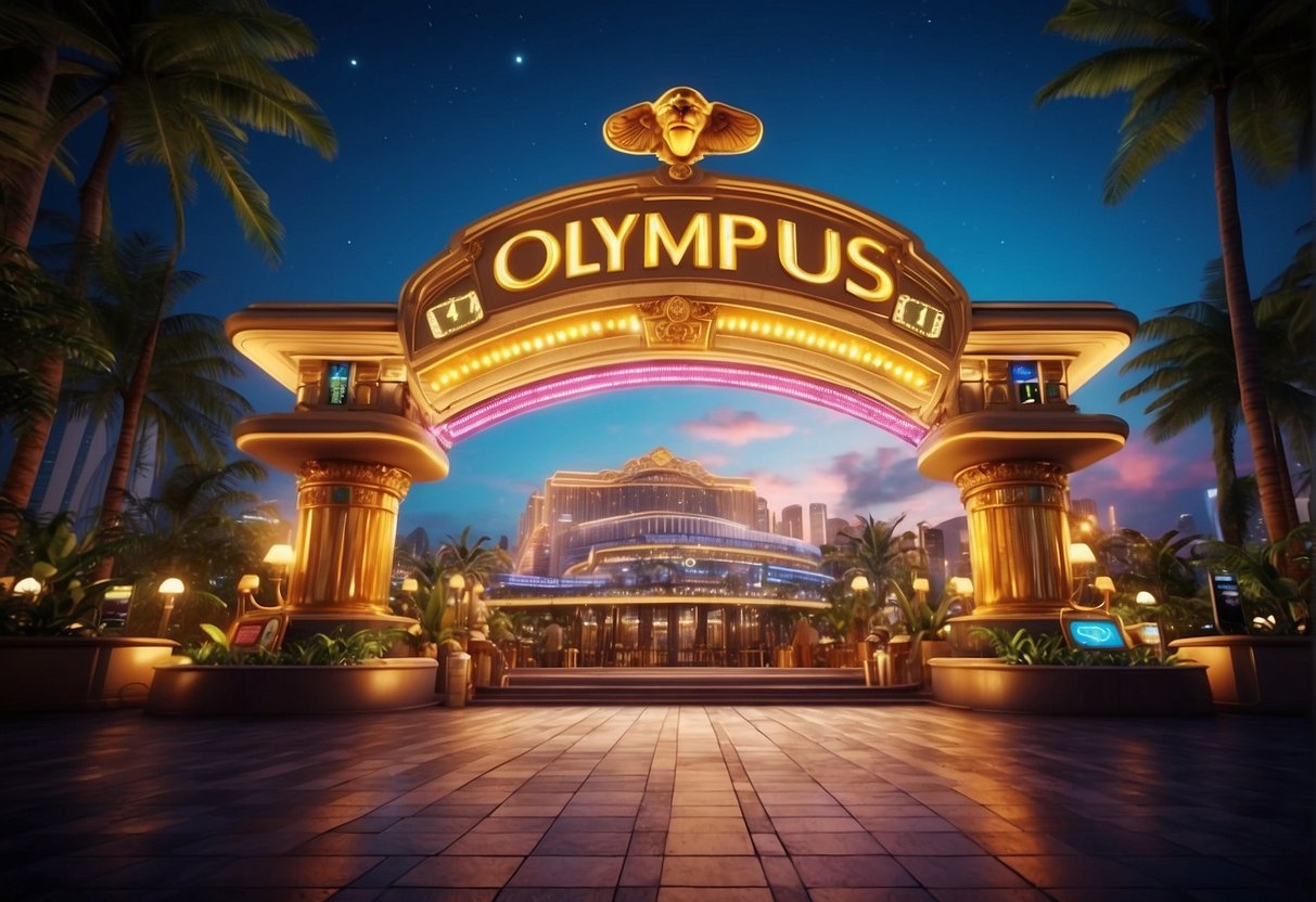 The gate of Olympus slot machine, with vibrant colors and flashing lights, stands out in a bustling casino