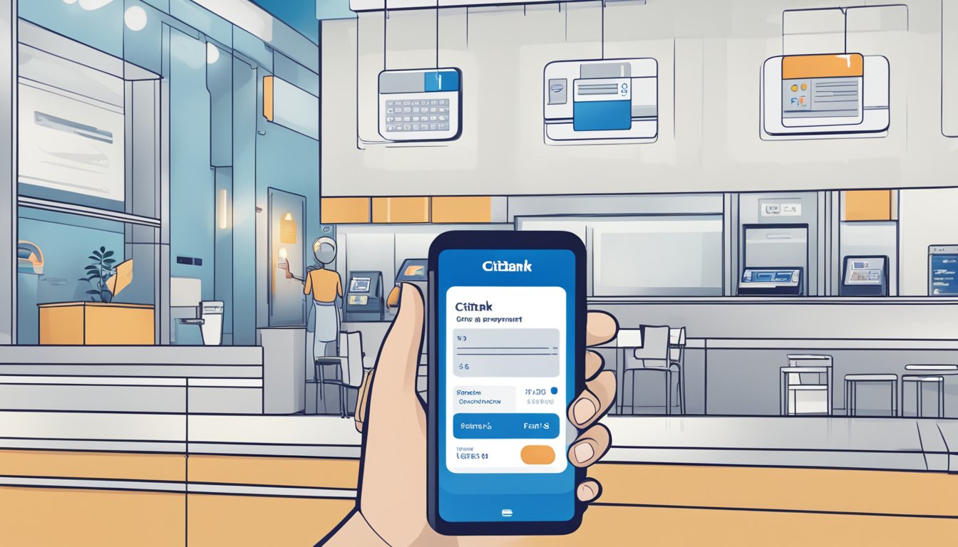 A hand holding a smartphone with the Citibank app open, displaying the option to make a payment for Citibank Ready Credit in Singapore. The background could include elements of a modern, clean, and professional environment