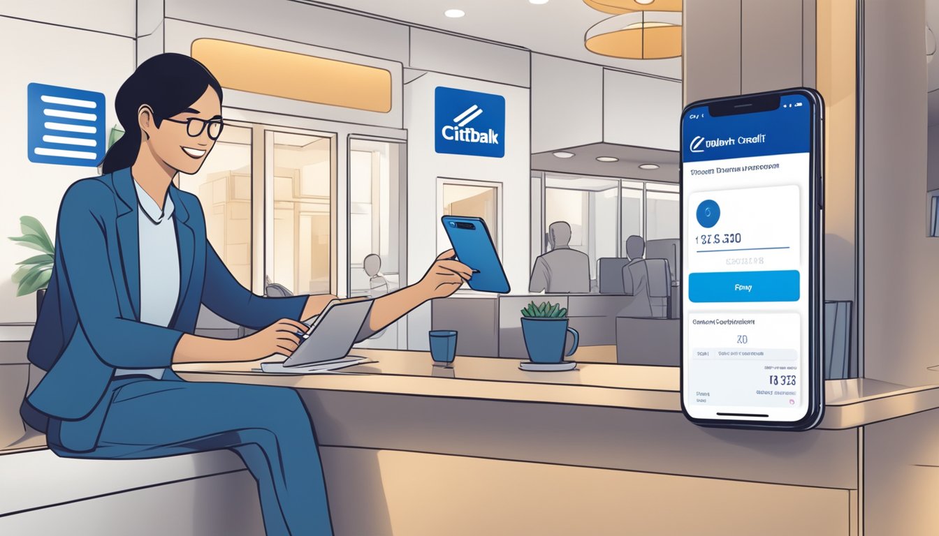 A person in Singapore uses their mobile phone to make a payment towards their Citibank Ready Credit account. The phone displays the Citibank app and a transaction confirmation