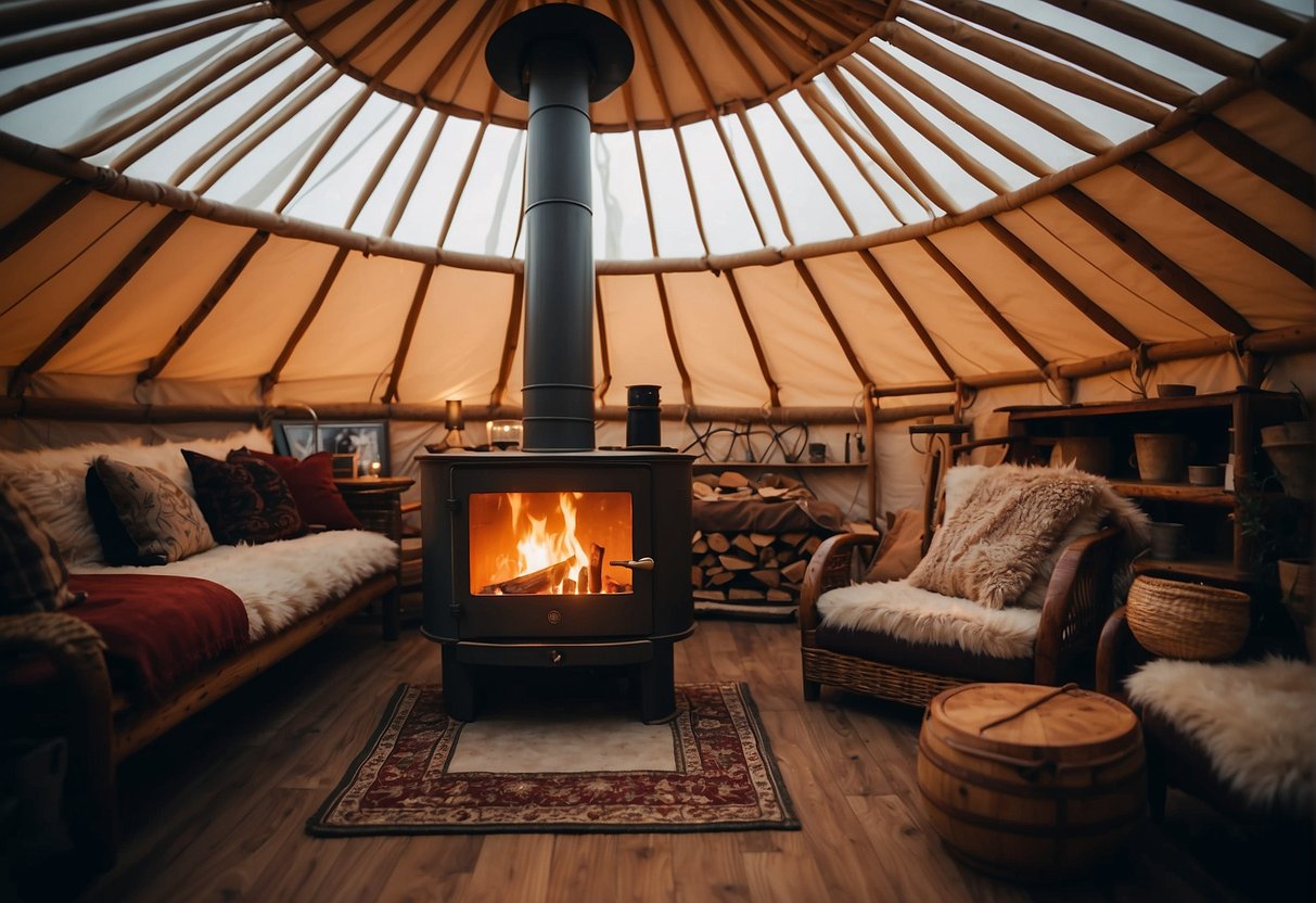 A cozy yurt with a crackling wood stove as the centerpiece, emitting warmth and comfort into the rustic interior