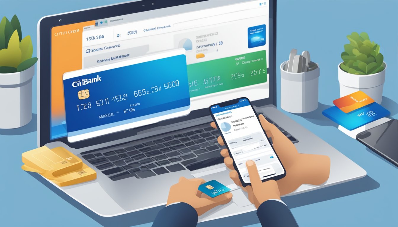 A hand reaches for a Citibank Ready Credit card next to a laptop and a mobile phone. The screen shows the Citibank website with options for making a payment