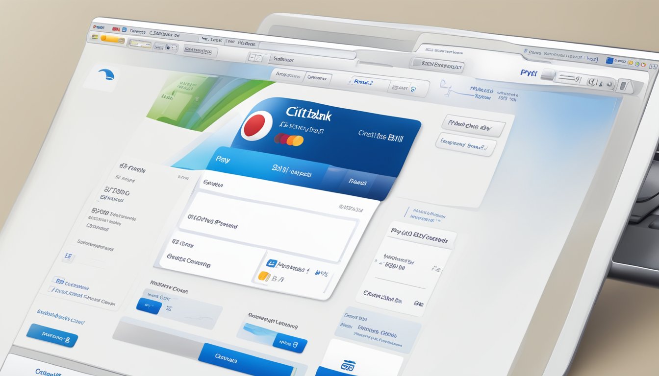 A computer screen displaying the Citibank website with a ready credit bill payment form. A mouse cursor hovers over the "Pay Bill" button